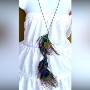 Betsey Johnson Silver Plated Peacock Feather Necklace